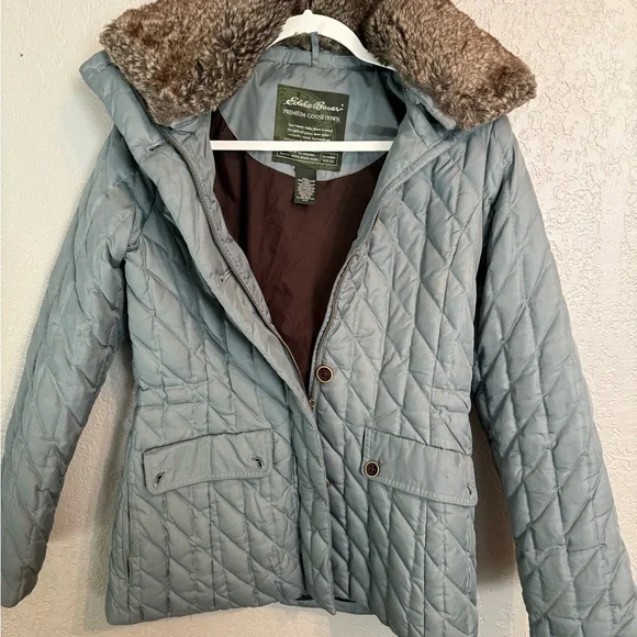 Eddie Bauer Sea Foam Gray Goose Down Quilted Puffer Jacket with Faux Fur Collar - Picture 8 of 8
